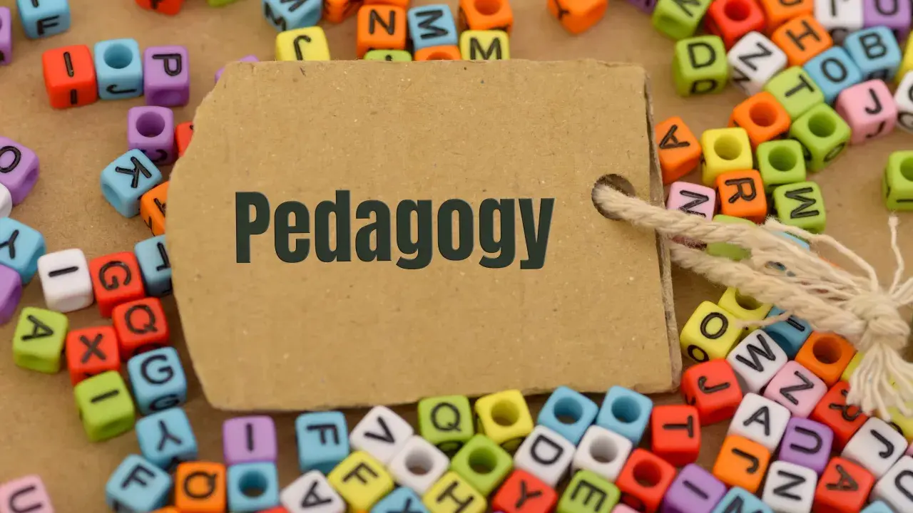 Kolorowe koraliki z literami tworzą tło dla brązowej metki z napisem "Pedagogy". Idealne do nauki i studiów online pedagogika.
