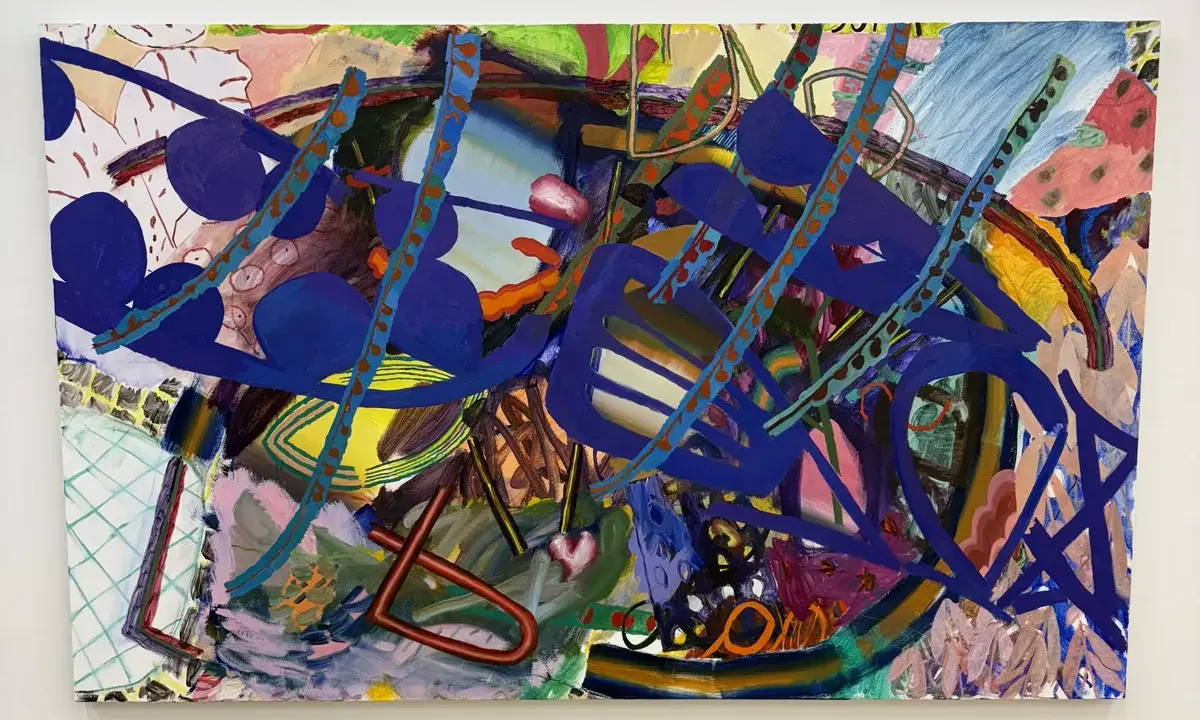 Vibrant abstract painting with bold blue shapes and energetic lines, displayed at Asya Geisberg Gallery.