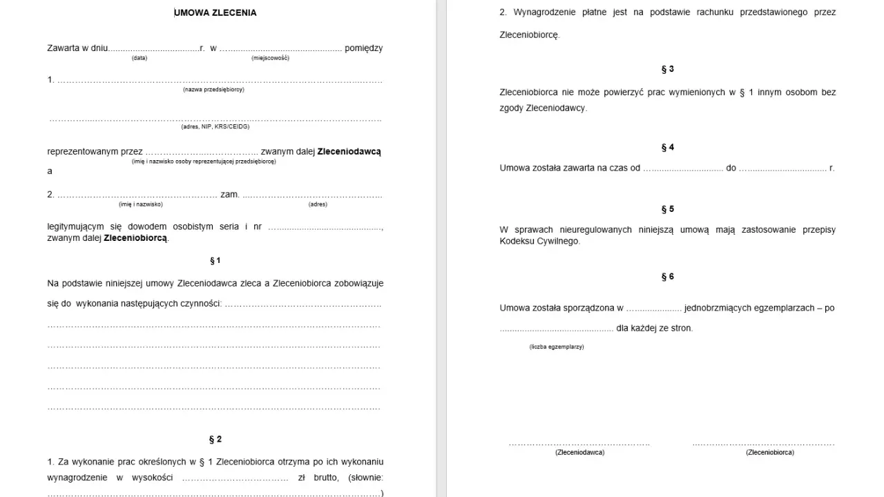 Fragment umowy zlecenia, gdzie zdefiniowany jest zleceniobiorca jako osoba wykonująca zlecone prace i otrzymująca wynagrodzenie.