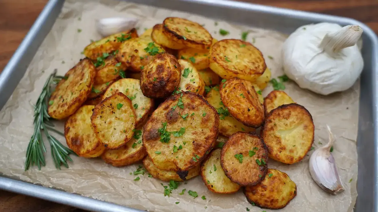 Knusprige Kartoffelscheiben aus dem Airfryer, garniert mit Petersilie, daneben Rosmarin, Knoblauch und eine ganze Knoblauchknolle.