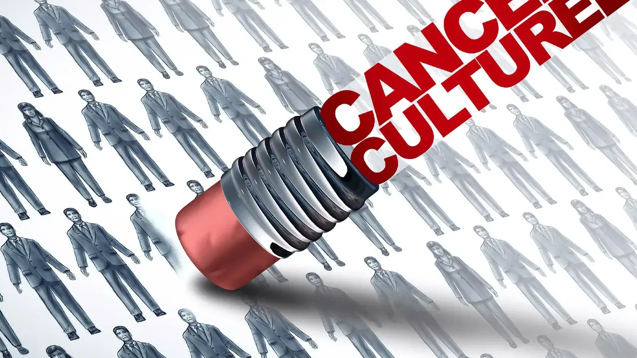 Gomme effaçant des silhouettes humaines, symbolisant la "cancel culture" qui efface des individus de la société.