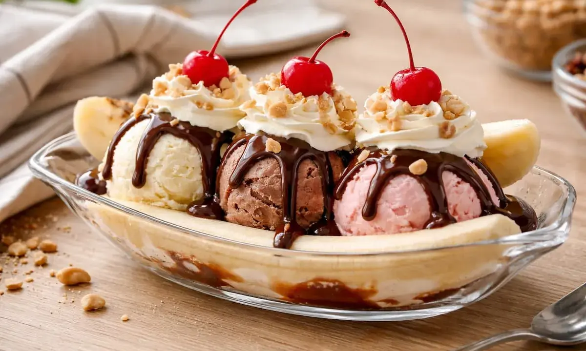 Délicieuse recette banana split : trois boules de glace (vanille, chocolat, fraise) sur une banane coupée, nappées de chocolat, chantilly et cerises.