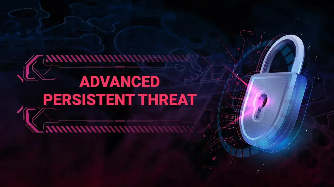 Ein leuchtendes Vorhängeschloss symbolisiert die Abwehr eines **advanced persistent threat**. Digitale Muster und Totenköpfe im Hintergrund deuten auf Cybergefahren hin.