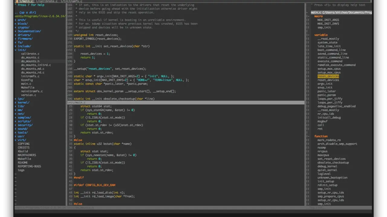 Kod C++ w edytorze Vim. Widoczny fragment kodu dotyczy inicjalizacji systemu i obsługi urządzeń.