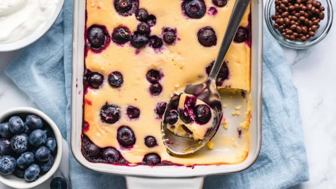 Ein cremiger Quarkauflauf low carb mit Blaubeeren, frisch aus dem Ofen. Eine Löffelportion zeigt die saftige Konsistenz.
