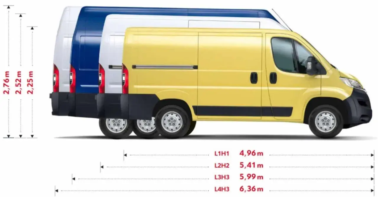 Furgonetas de diferentes tamaños, mostrando cuánto mide un coche de largo en varias configuraciones: 4,96m, 5,41m, 5,99m y 6,36m.