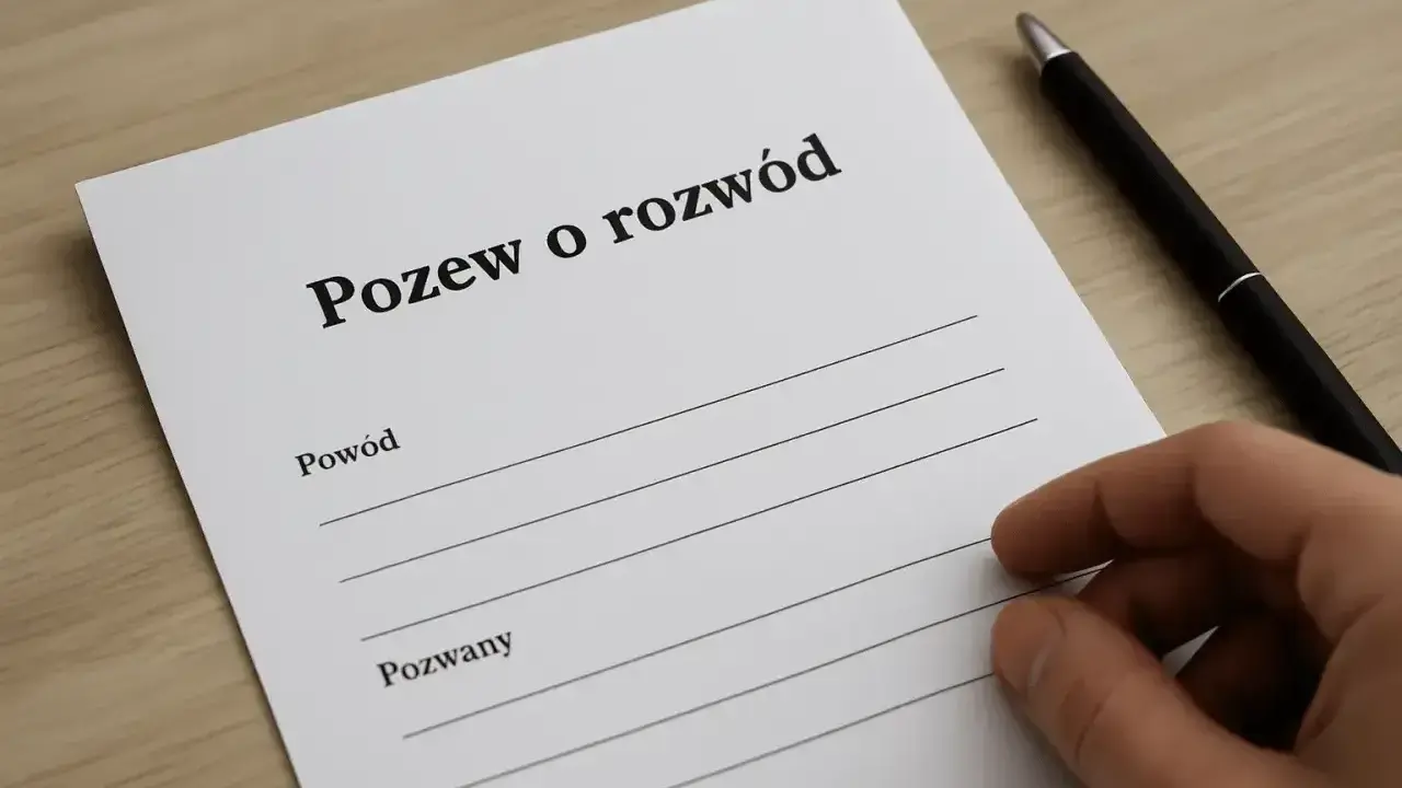 Dokument "Pozew o rozwód" z polami na wpisanie powodów i danych pozwanego. Długopis i dłoń sugerują przygotowanie argumentów do rozwodu.