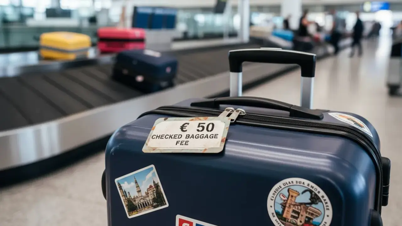 Granatowa walizka z etykietą "€ 50 CHECKED BAGGAGE FEE" na taśmie bagażowej na lotnisku.