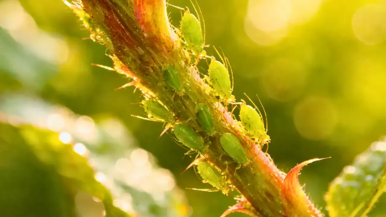 Des pucerons verts sur une tige. Un traitement naturel contre le puceron jaune est souvent recherché par les jardiniers.