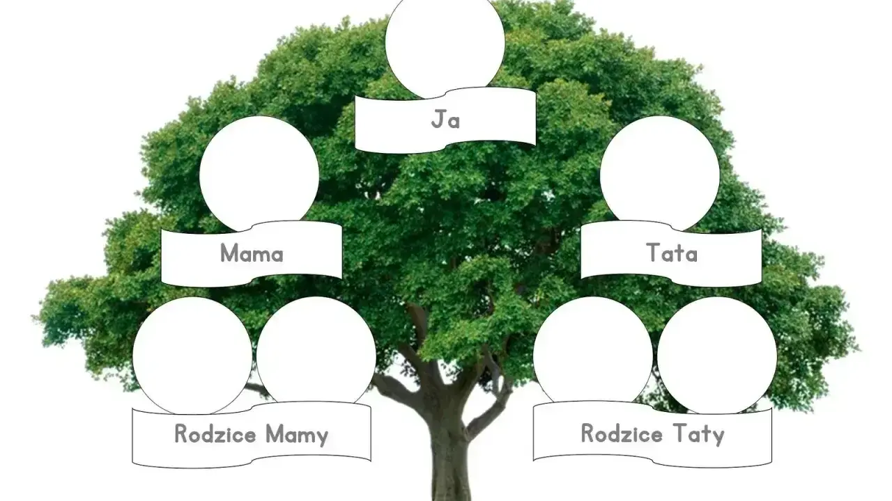 Drzewo do druku z miejscem na wpisanie imion: Ja, Mama, Tata, Rodzice Mamy, Rodzice Taty.