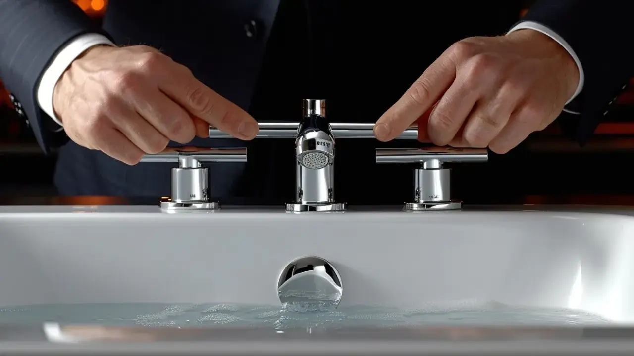 Mains d'un homme en costume ajustant un robinet de luxe. Le raccord asymétrique du mitigeur est mis en valeur.
