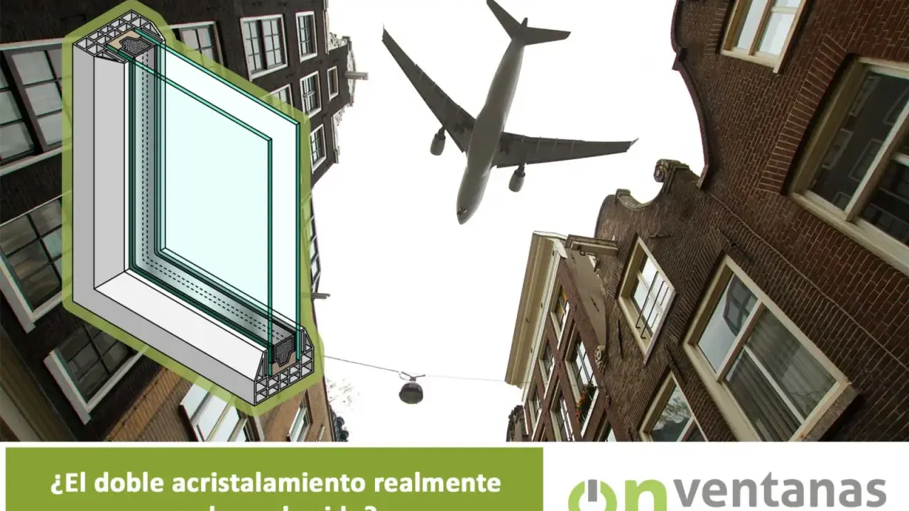 Ilustración de un perfil intercalario para doble acristalamiento, con un avión sobrevolando edificios.