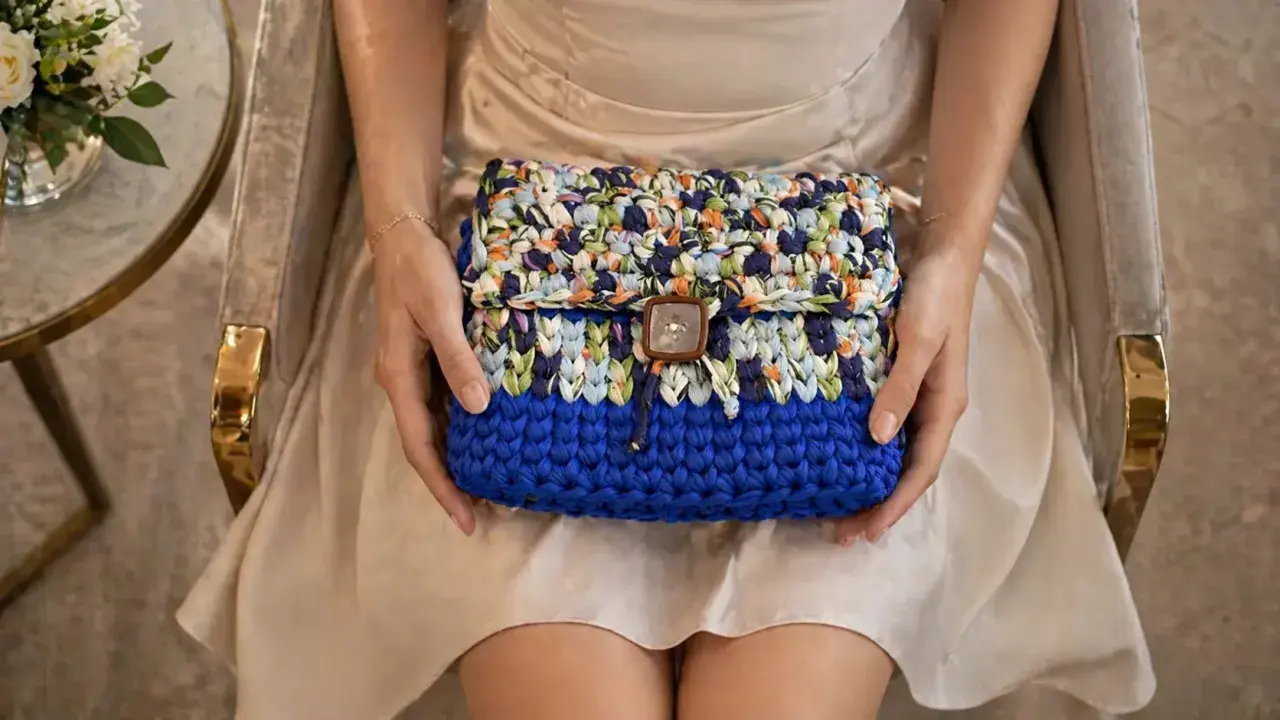 Cartera crochet de colores vibrantes, con un botón cuadrado y un diseño único.