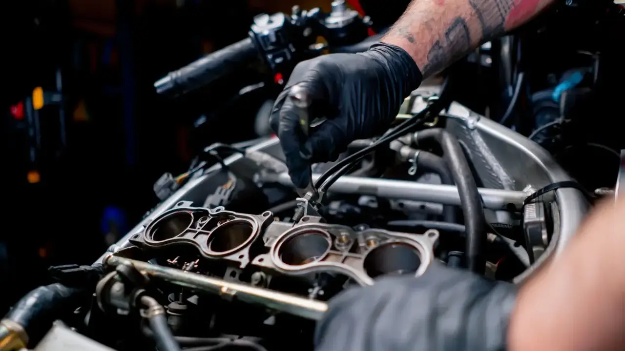 Mechanik w czarnej rękawiczce pracuje przy silniku motocykla, regulując elementy układu chłodzenia.