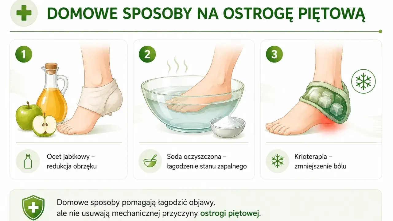 Babcine sposoby na ostrogi piętowe: okład z octu jabłkowego, kąpiel z sodą, krioterapia. Pomagają łagodzić objawy.