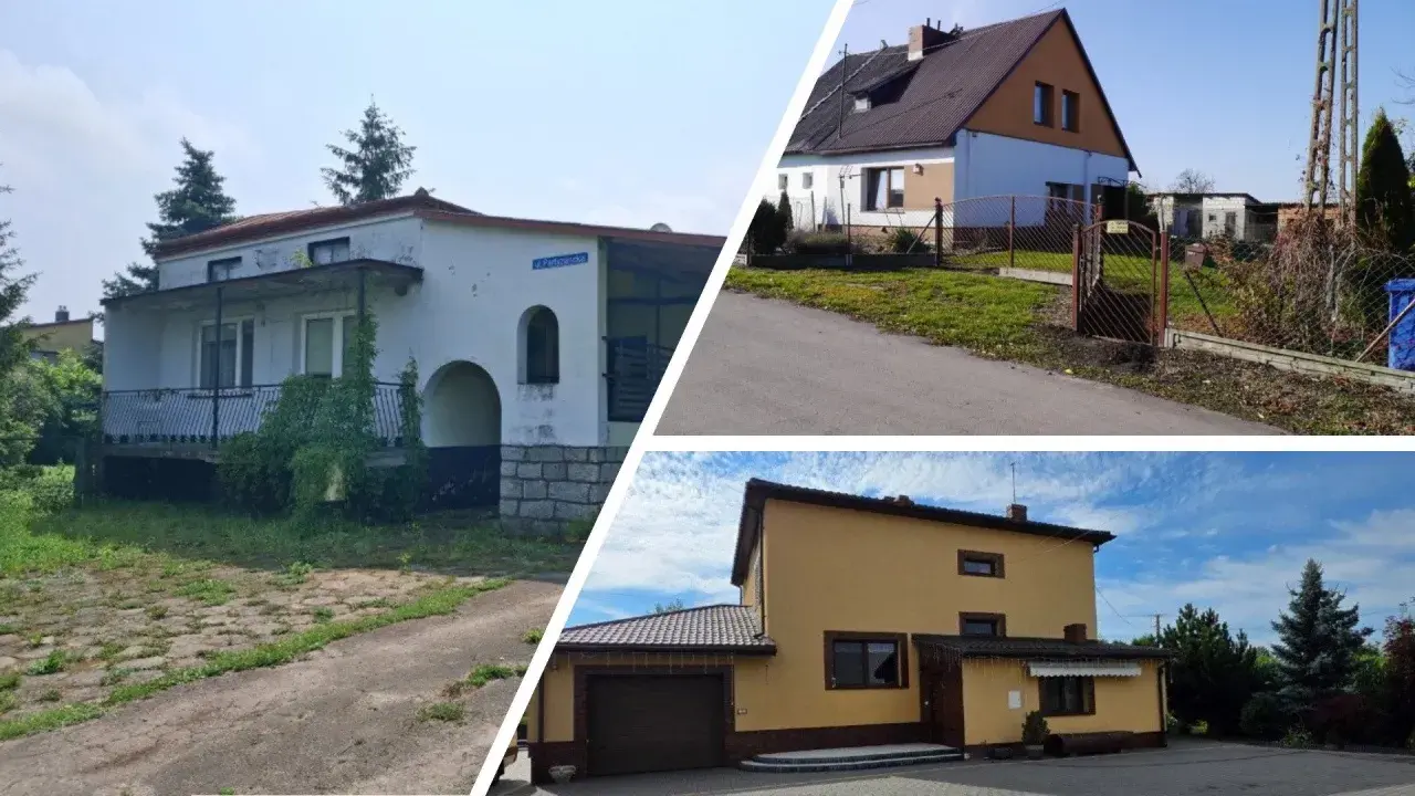 Trzy domy, jeden z balkonem, drugi z bramą, trzeci żółty z garażem. Potencjalna licytacja nieruchomości kpc.
