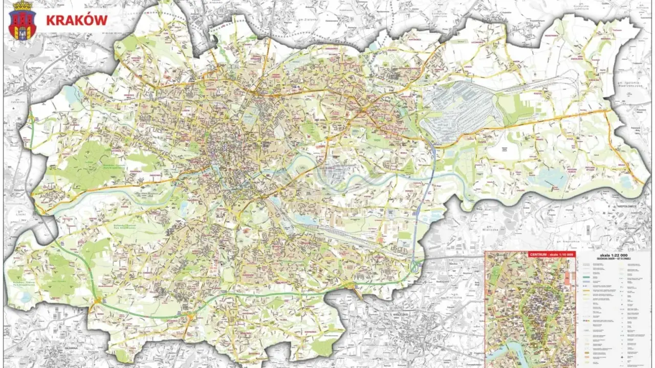 Szczegółowy plan Krakowa z zaznaczonymi drogami, parkami i osiedlami. Widoczny jest również wycinek centrum miasta w większej skali.