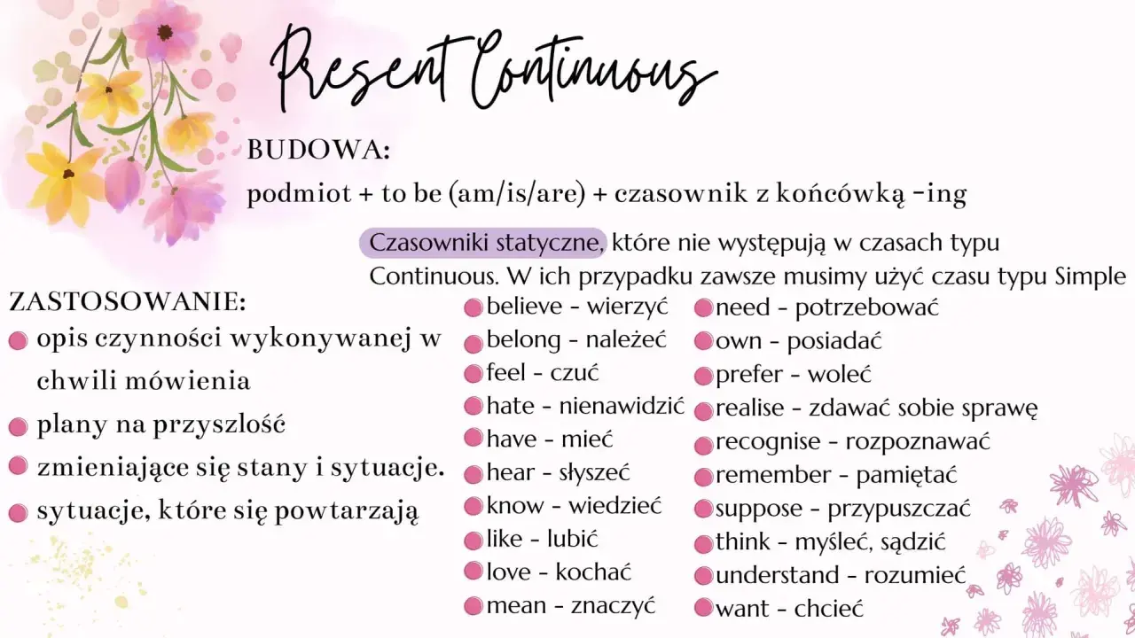 Present Continuous: budowa, zastosowanie i czasowniki statyczne. Terazniejsze czasy w języku angielskim.