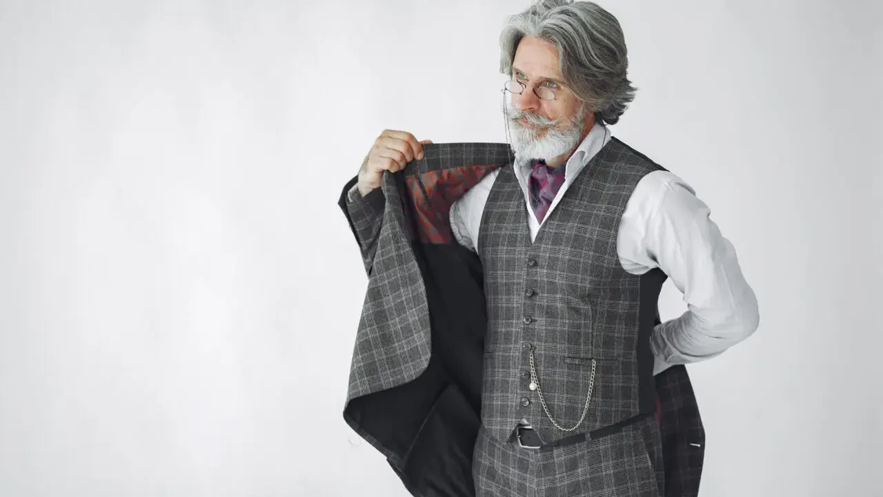 Elegancki mężczyzna z siwą brodą i wąsami, ubrany w garnitur w kratę, prezentuje się jak arbiter elegantiarum.