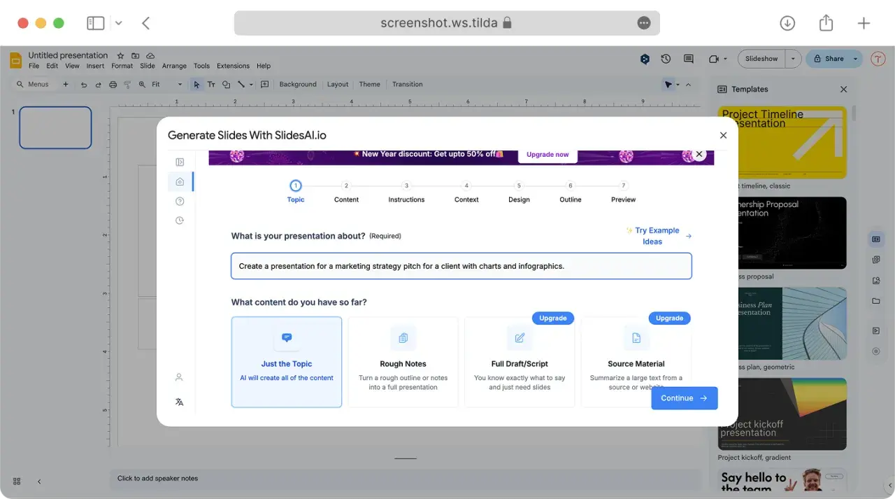 Genera slide con SlidesAI.io: crea una presentazione per un pitch di strategia di marketing.