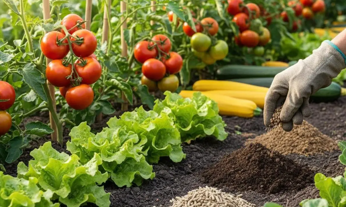 Main d'un jardinier ajoutant de l'engrais naturel à un potager luxuriant de tomates, laitues et courgettes.