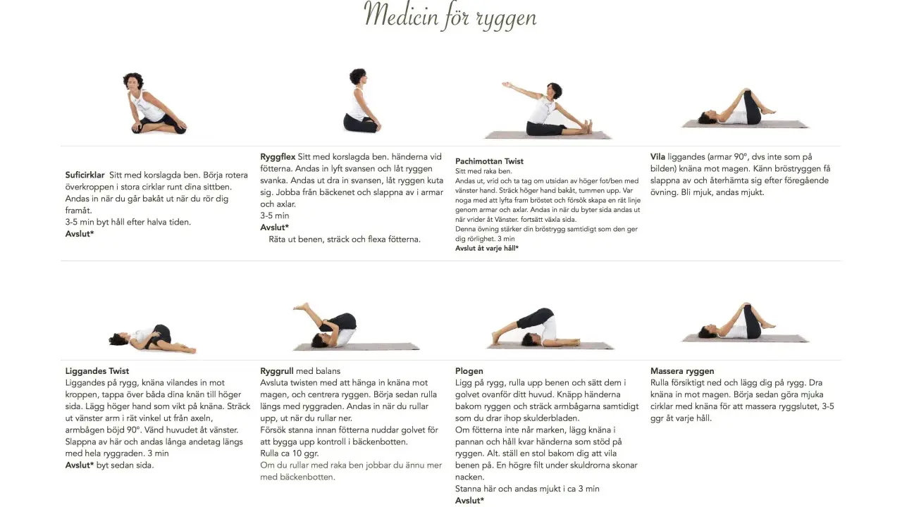 En kvinna utför en serie yogaövningar för ryggen, inklusive rotationer och stretch. Ett yin yoga pass för att stärka och mjuka upp ryggen.
