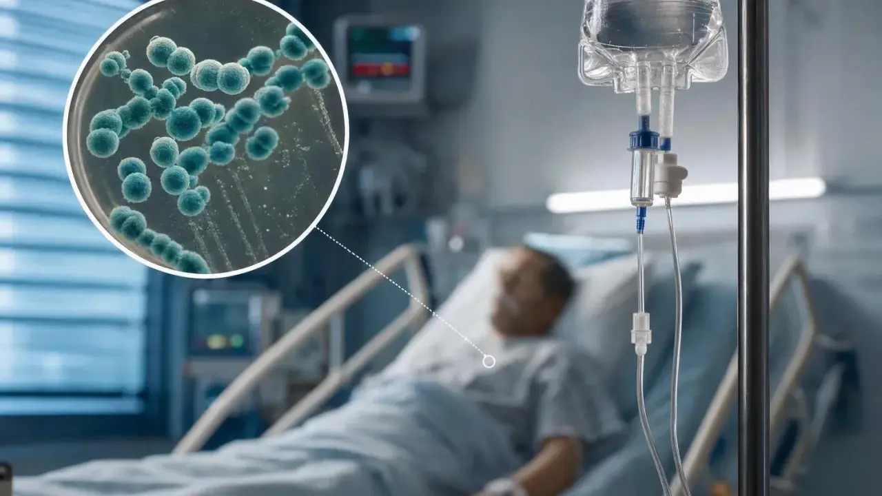 Ingrandimento di batteri in una capsula Petri, collegato a un paziente in ospedale con flebo. La domanda è: augmentin per quanti giorni?