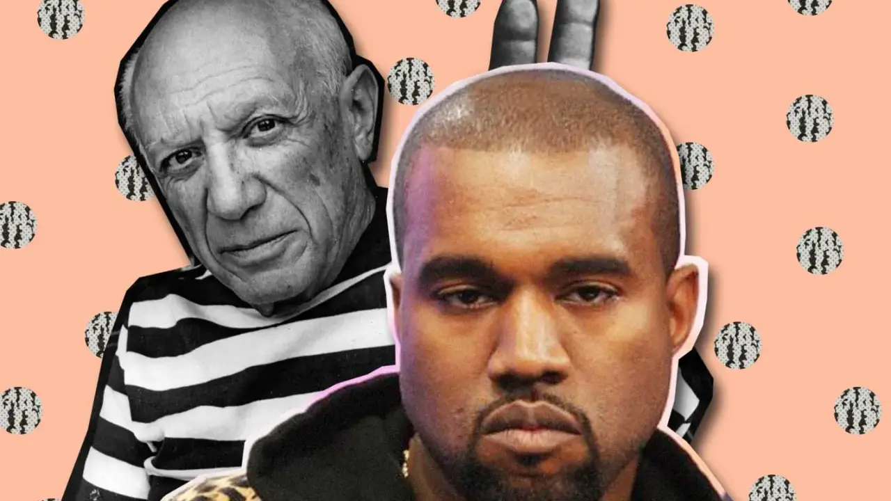 Kanye West i Picasso, dwaj artyści z różnych epok, zestawieni na pastelowym tle z kropkami.
