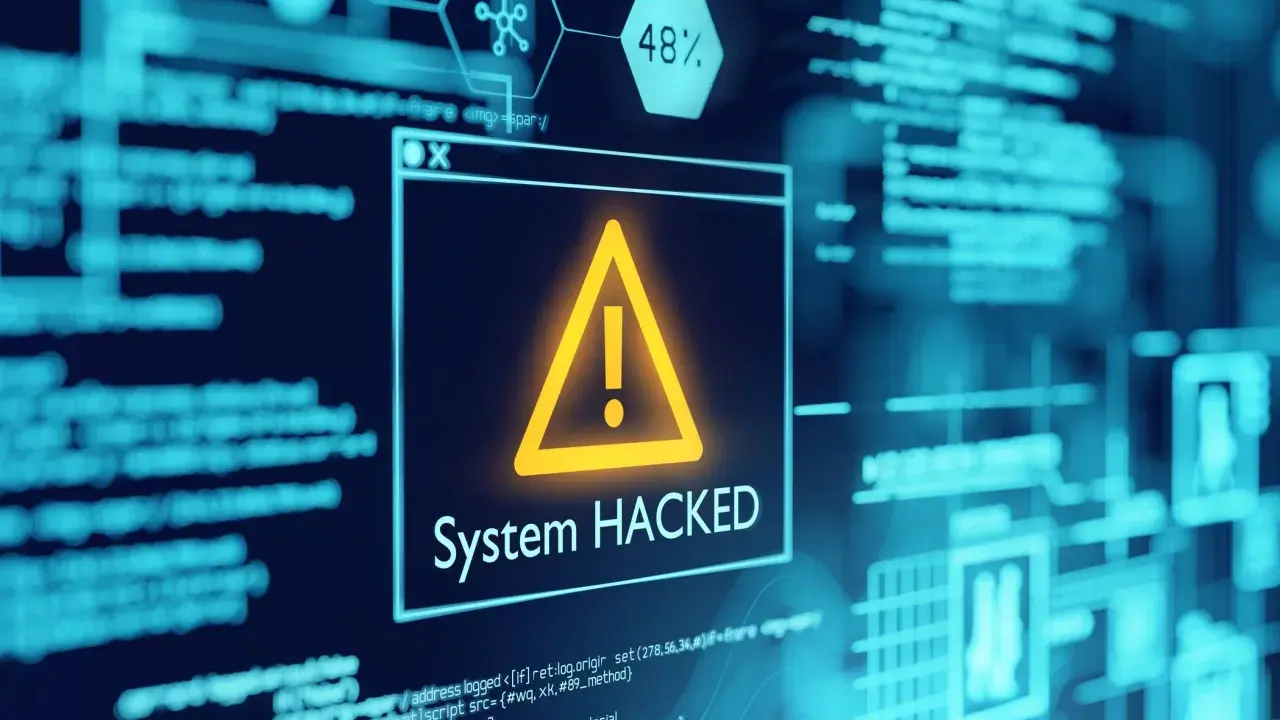Ein **computer hacker** hat ein System kompromittiert. Ein Warnsymbol und die Meldung "System HACKED" leuchten auf, umgeben von Code und Daten.