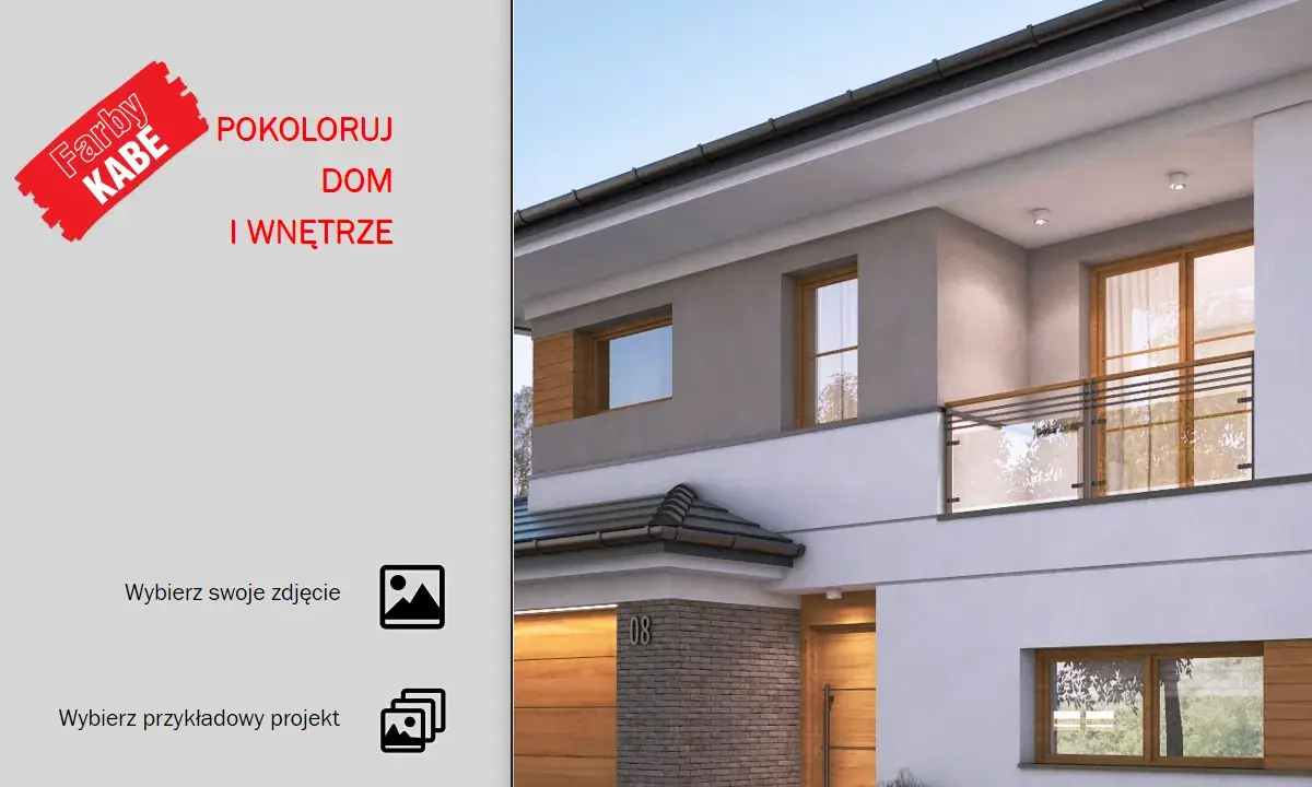 Program do projektowania elewacji. Wizualizacja nowoczesnego domu z drewnianymi elementami i szklaną balustradą.