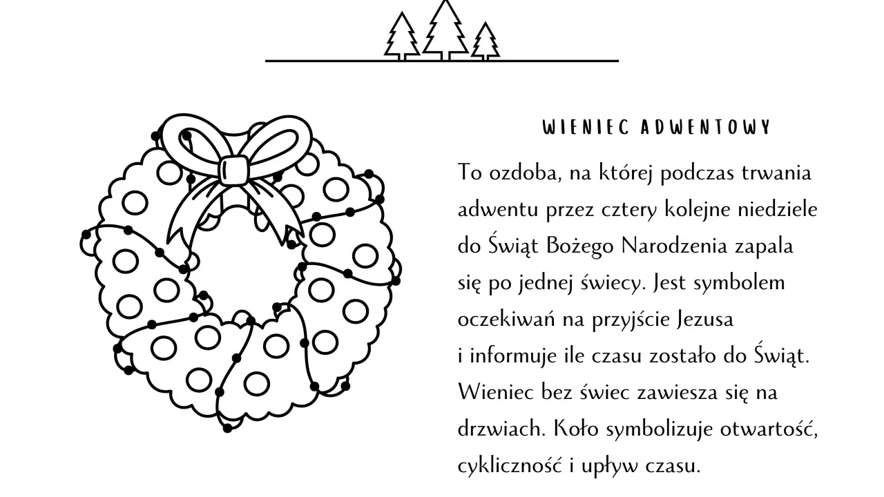 Ilustracja przedstawia wieniec adwentowy, ważny element tradycji bożonarodzeniowych dla dzieci. Symbolizuje oczekiwanie na święta.