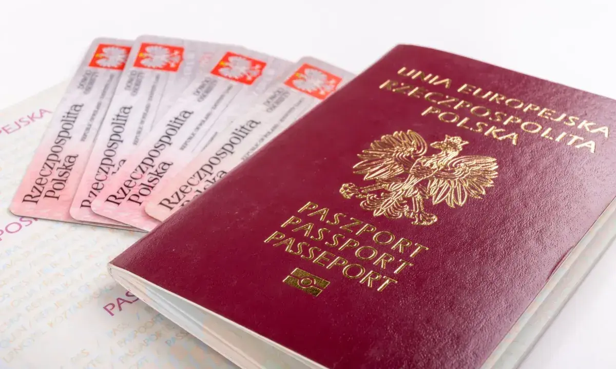 Polski paszport i kilka dowodów osobistych, gotowych do podróży.
