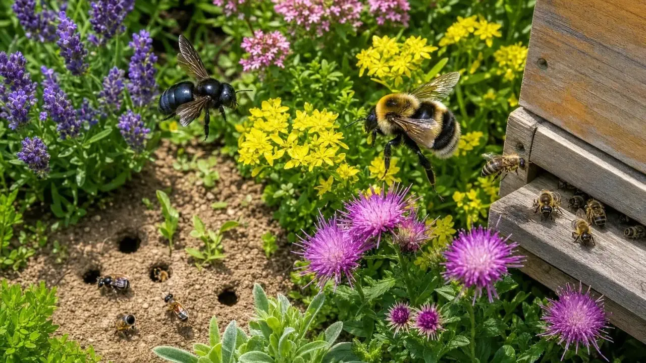 Un bourdon noir et un bourdon rayé volent près de fleurs colorées, tandis que des abeilles travaillent près d'une ruche. Le bourdon vs abeille, une scène de jardin animée.