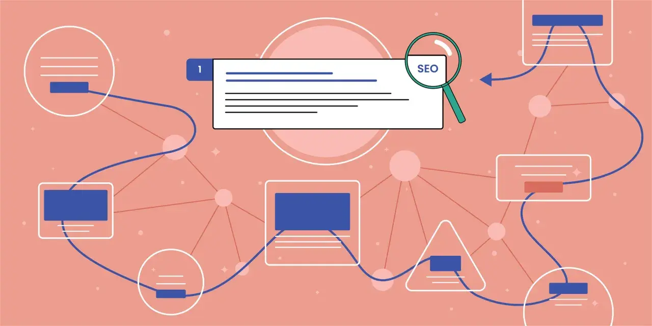 Schematyczne przedstawienie procesu SEO. Lupa z napisem "SEO" wskazuje na wyszukiwarkę. Różne kształty połączone liniami symbolizują etapy pracy.