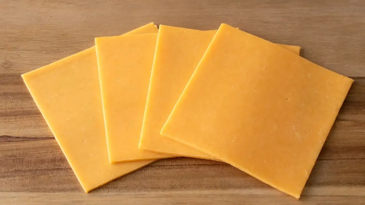 Vier Scheiben gelber Cheddar-Käse, laktosefrei, liegen auf einem Holzbrett.