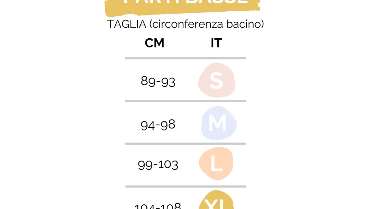 Tabella taglie per parti basse: la taglia S corrisponde a una circonferenza bacino di 89-93 cm.