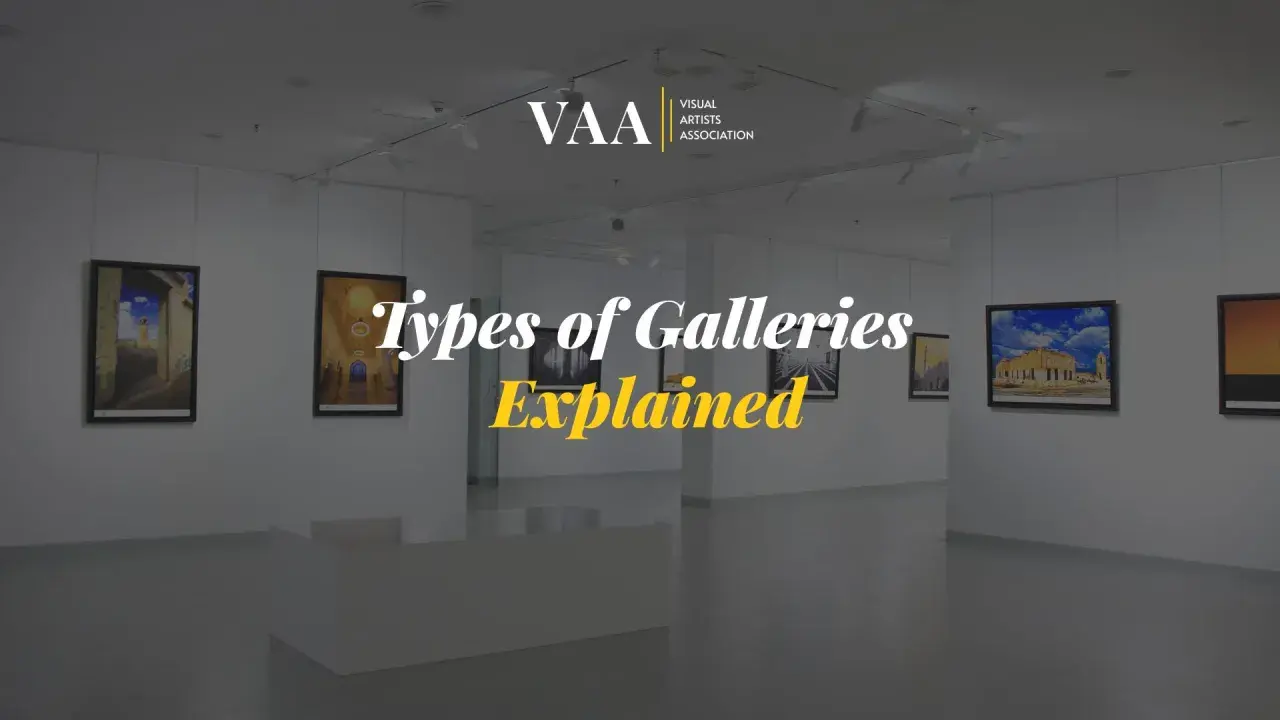 Visual Artists Association logo above text "Types of Galleries Explained" in a modern art gallery setting.