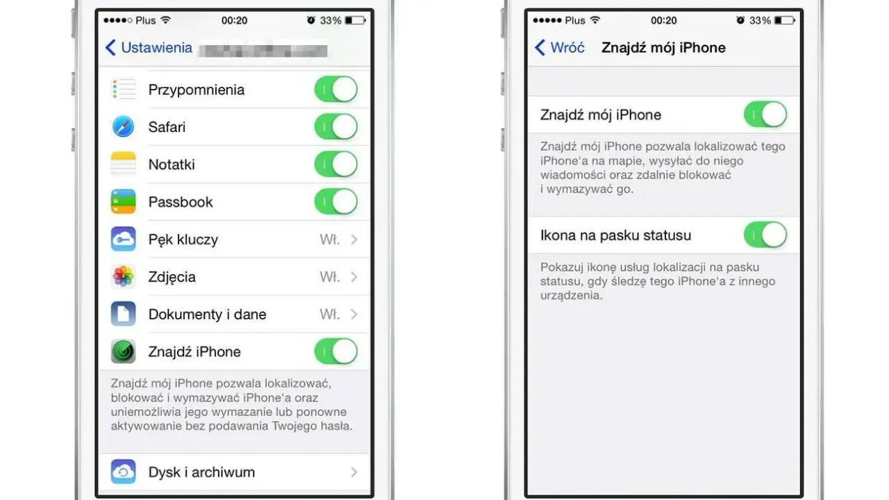 Dwa ekrany iPhone'a pokazujące ustawienia funkcji "Znajdź mój iPhone".