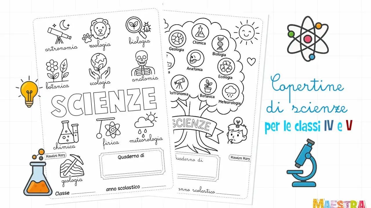 Copertine di scienze per le classi IV e V, con disegni di astronomia, zoologia, biologia, chimica, geologia, fisica, meteorologia, anatomia, botanica ed ecologia.