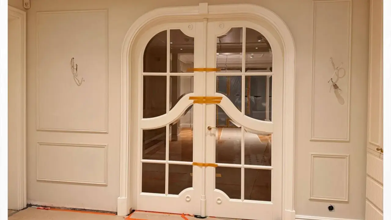 Elegancka sztukateria zdobi ściany korytarza, prowadząc do dwuskrzydłowych drzwi z łukiem i ozdobnymi szprosami.