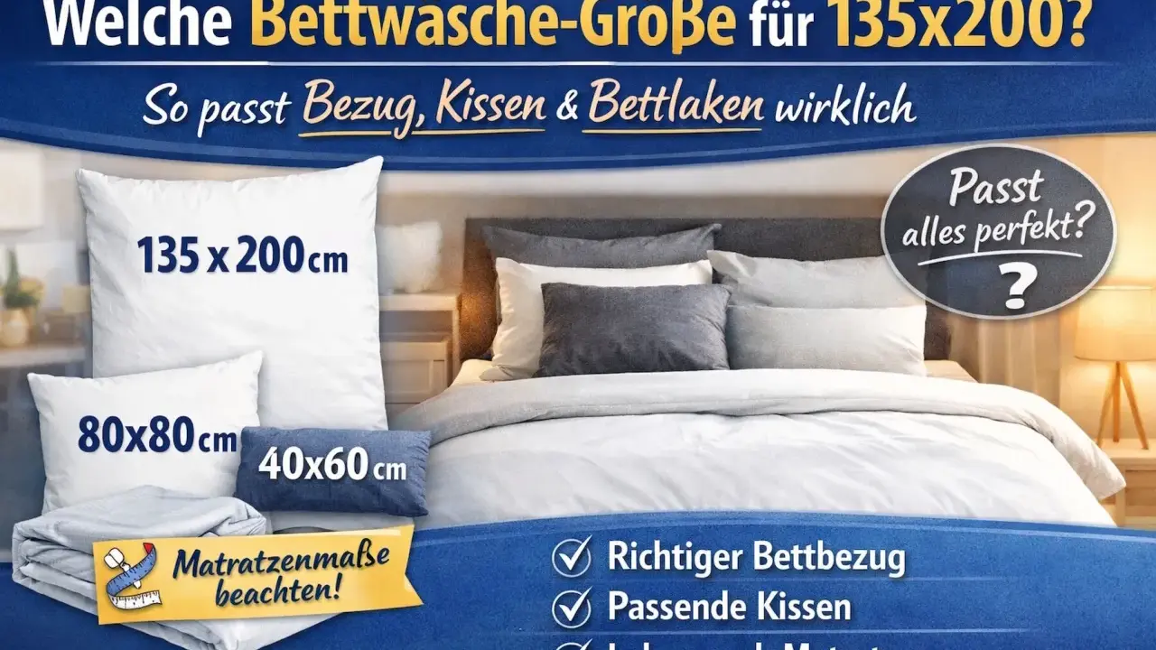 Bettbezug, Kissen und Laken in den Größen 135x200 cm, 80x80 cm und 40x60 cm werden auf einem Bett präsentiert. Die Frage "was ist bettbezug" wird durch die Abbildung und den Text "Richtiger Bettbezug" beantwortet.