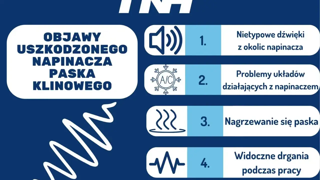 Objawy uszkodzonego napinacza paska klinowego w samochodzie: nietypowe dźwięki, problemy z układami, nagrzewanie się paska, drgania.