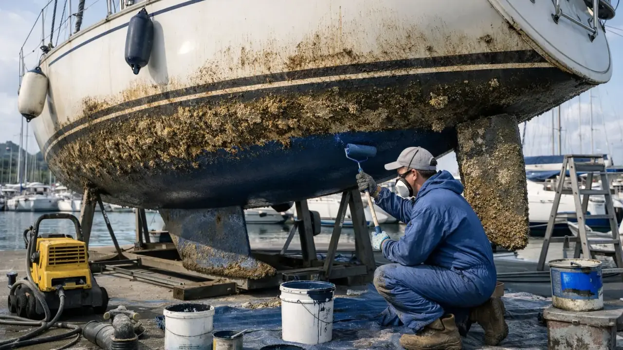 Un homme en combinaison bleue peint la partie immergée d'un bateau, recouverte de bernacles. Il utilise un rouleau pour appliquer une peinture bleue sur la coque.