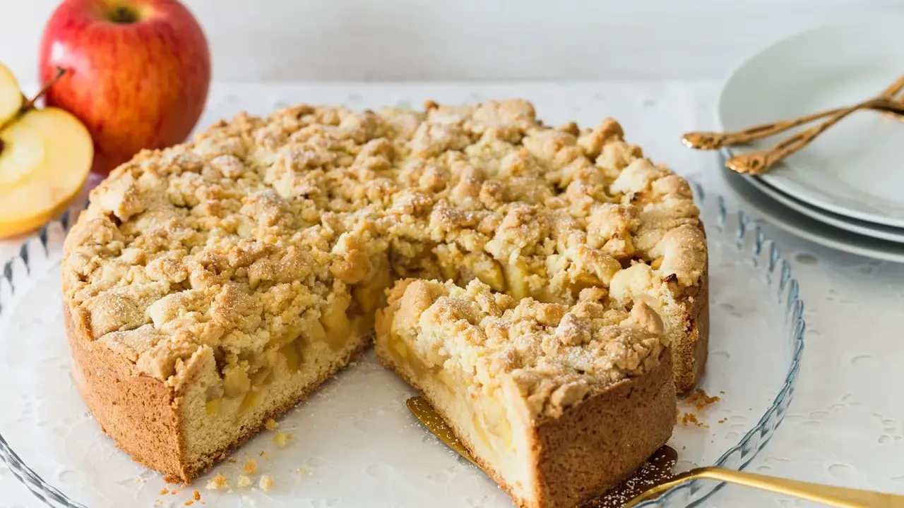 Ein saftiger Apfelkuchen mit Streuseln, ein Stück herausgeschnitten, daneben Äpfel.