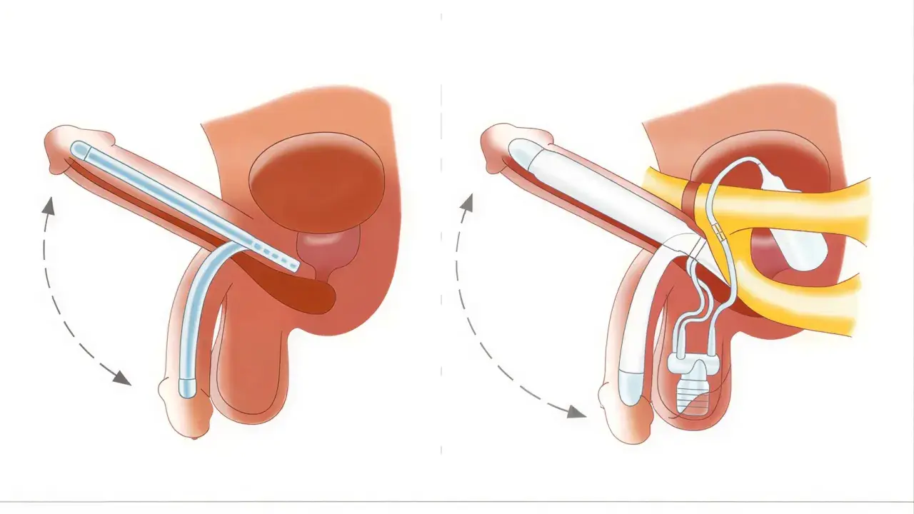 Ilustracja przedstawia działanie protezy penisa. Po lewej stronie widać implant w stanie spoczynku, po prawej - po aktywacji.
