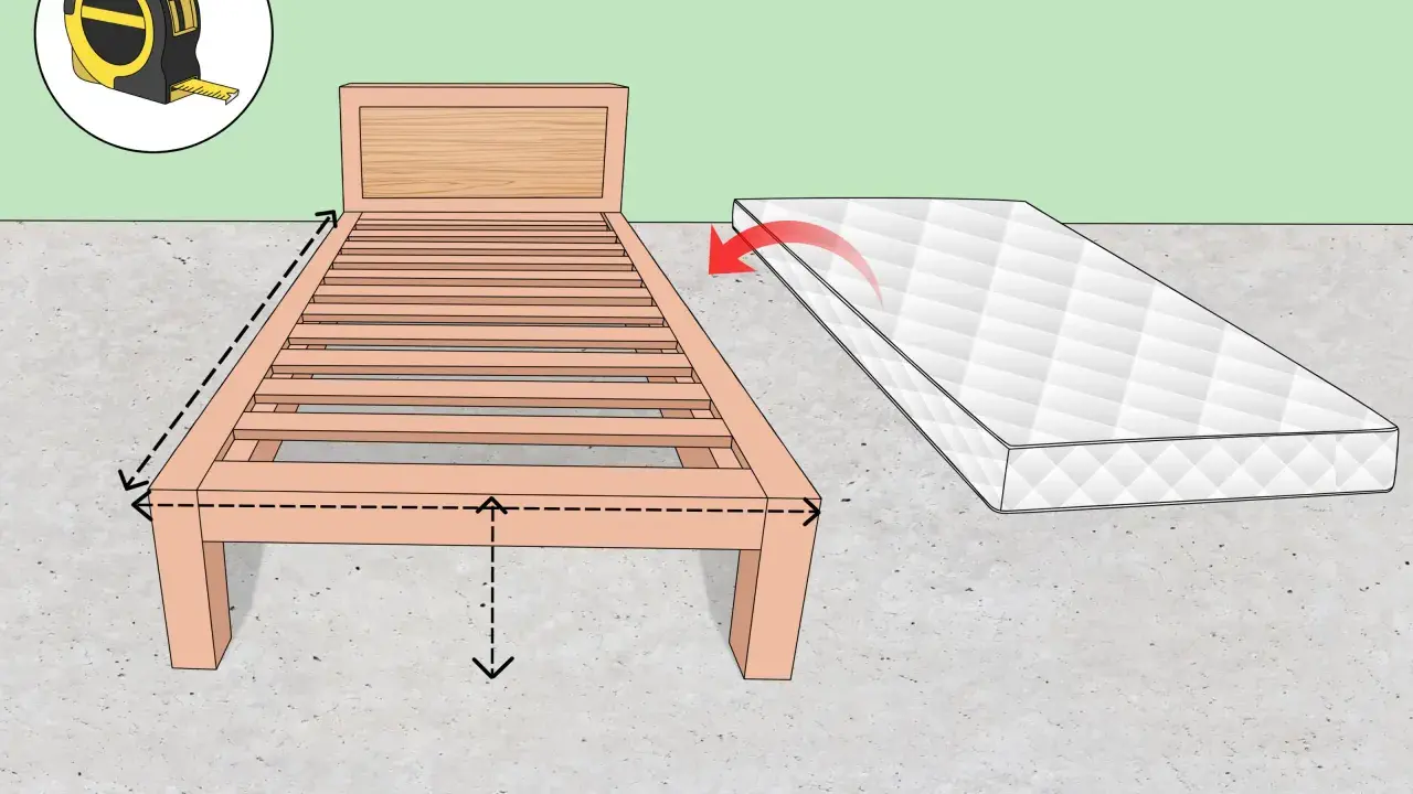 Cinta métrica y cama de madera. Se muestran flechas indicando cómo se mide un colchon para asegurar el ajuste perfecto.