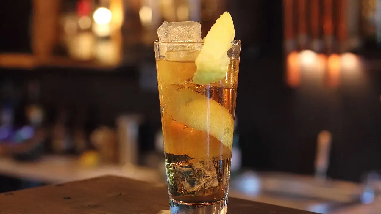 Ein Longdrink mit Eis, Zitronenzeste und einer Orangenscheibe. Die Zitrone windet sich wie ein Pferdehals im Glas.