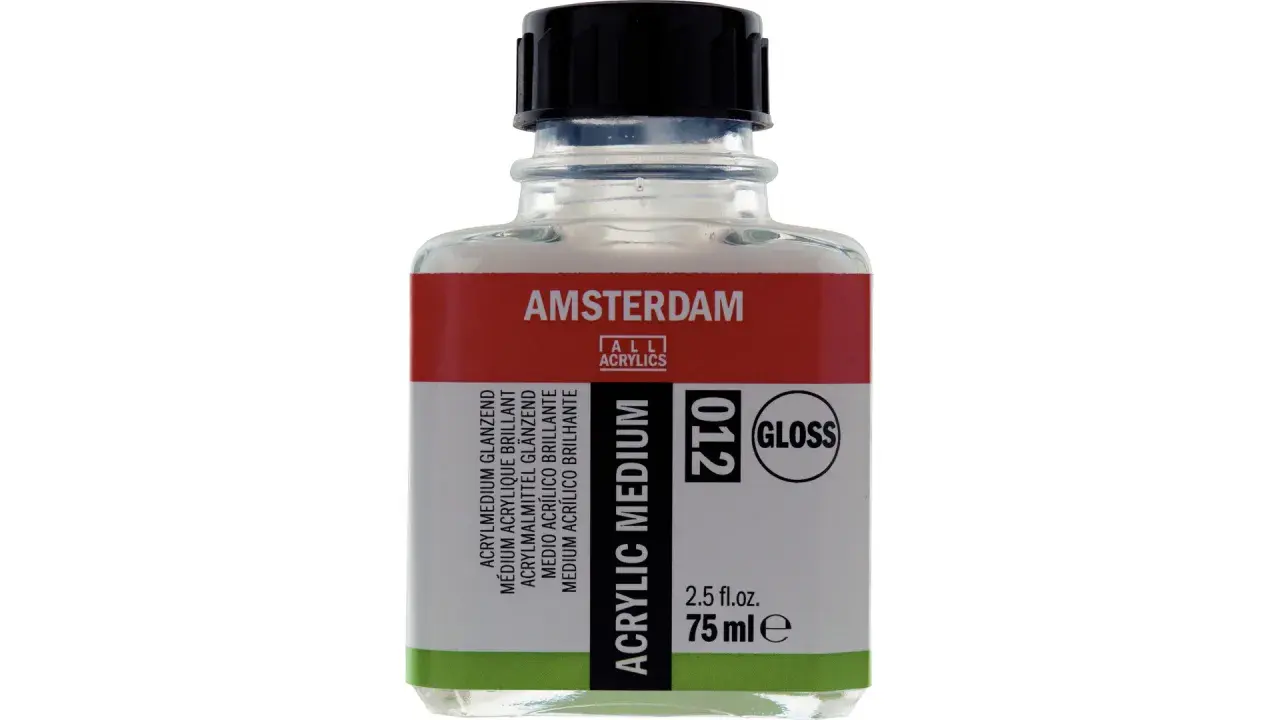 Buteleczka z błyszczącym medium akrylowym Amsterdam. Idealne, by dowiedzieć się, czym rozcieńczyć farbę akrylową, nadając jej połysk.