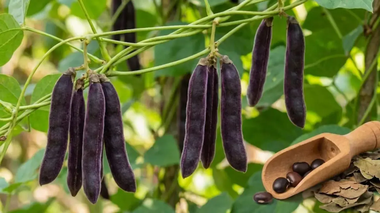 Samtige Samenkapseln der Mucuna pruriens hängen an einer Ranke. Die Samen in der Holzschaufel deuten auf die vielfältige Mucuna pruriens Wirkung hin.