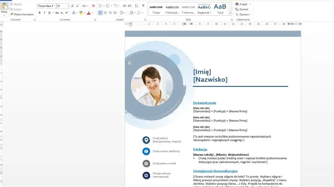 Zdjęcie przedstawia szablon CV w programie Word z miejscem na zdjęcie, dane osobowe i sekcje takie jak doświadczenie i edukacja.